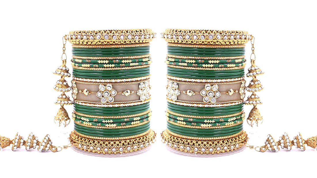 Traditional Latkan Bangle Set with Jaaliwork Kada and Opaque Bangles by Leshya - Image 9