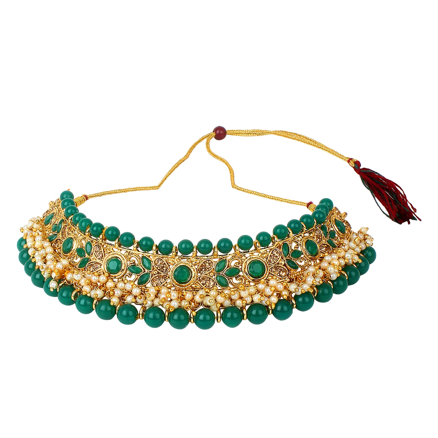 Traditional Matte Green Jewellery Set with Golden Stone by Leshya - Image 2