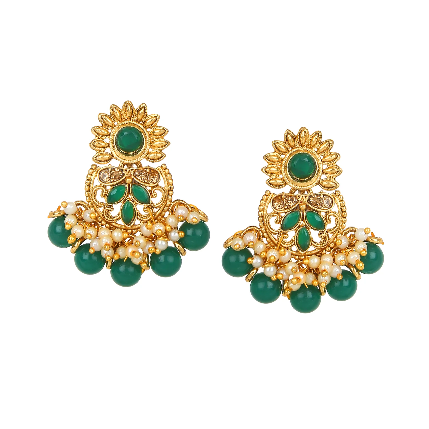 Traditional Matte Green Jewellery Set with Golden Stone by Leshya - Image 3