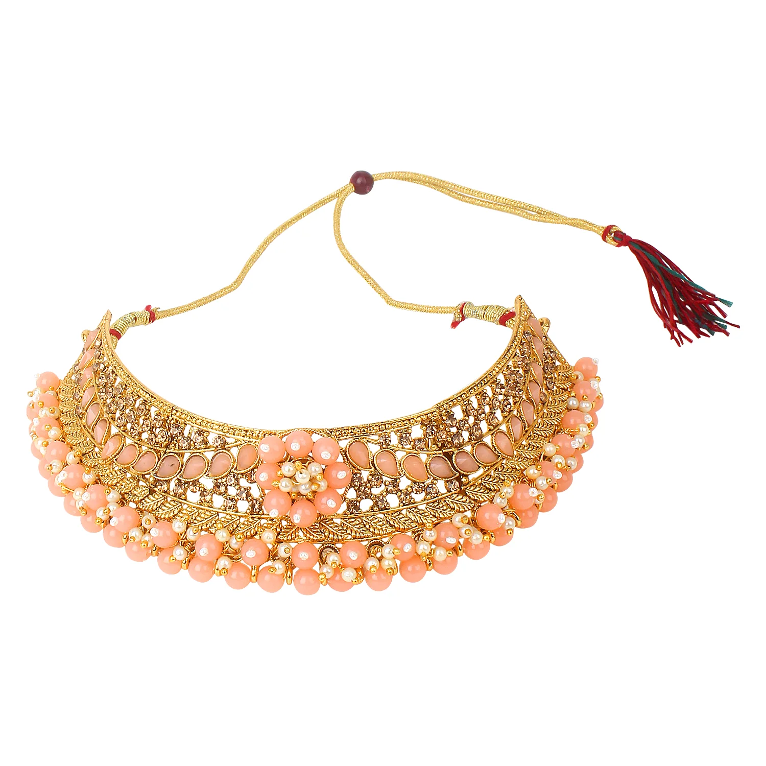Traditional Matte Peach Jewellery Set with Golden Stone by Leshya - Image 2