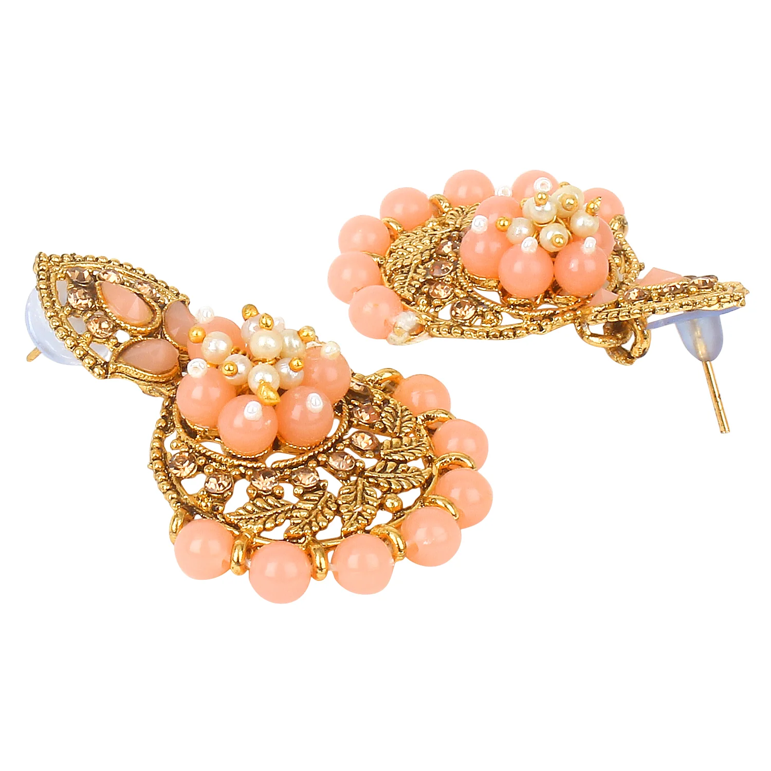Traditional Matte Peach Jewellery Set with Golden Stone by Leshya - Image 3