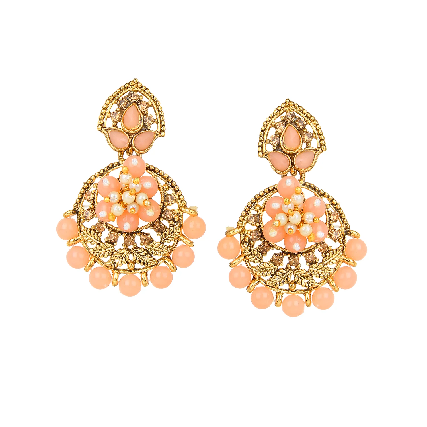 Traditional Matte Peach Jewellery Set with Golden Stone by Leshya - Image 4