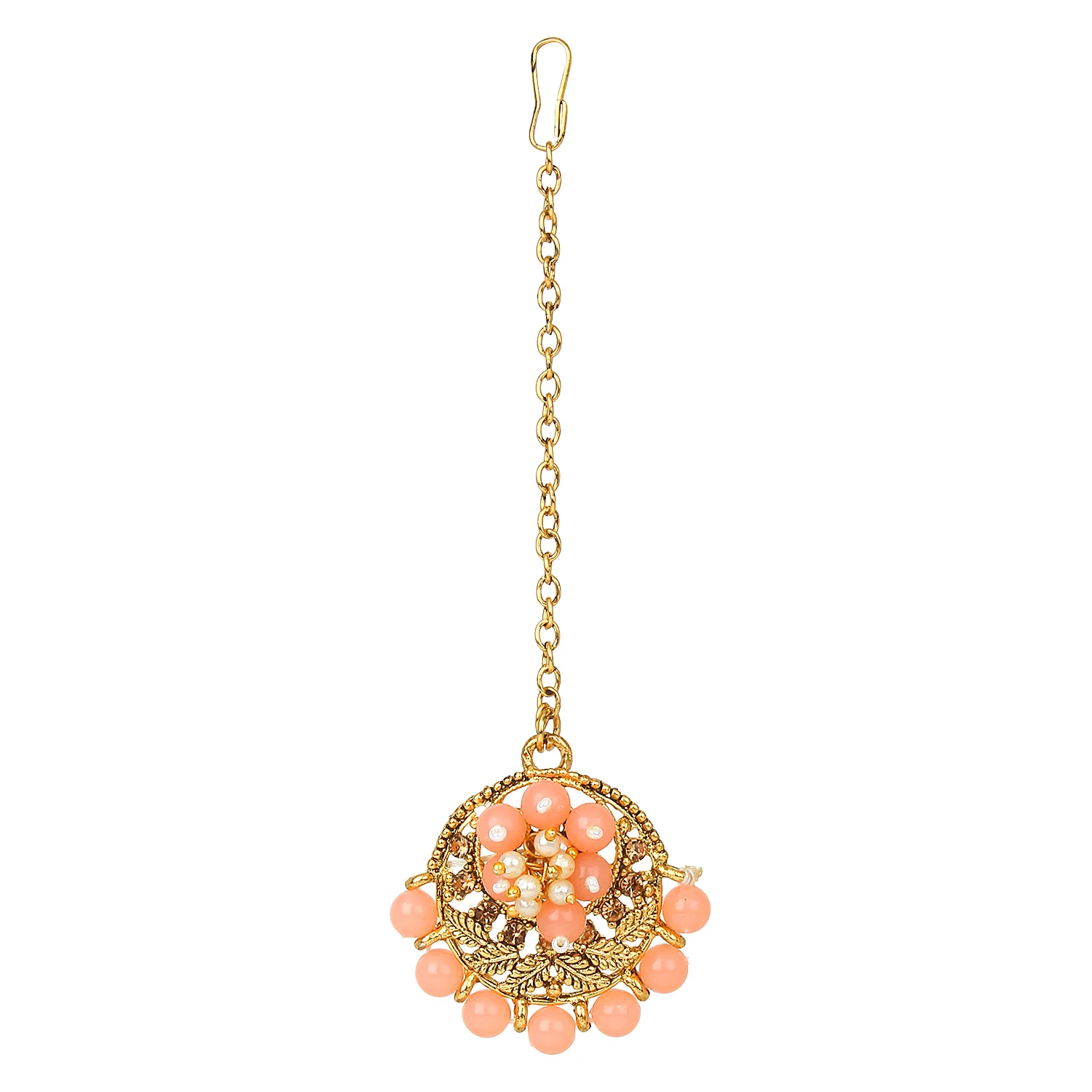 Traditional Matte Peach Jewellery Set with Golden Stone by Leshya - Image 5