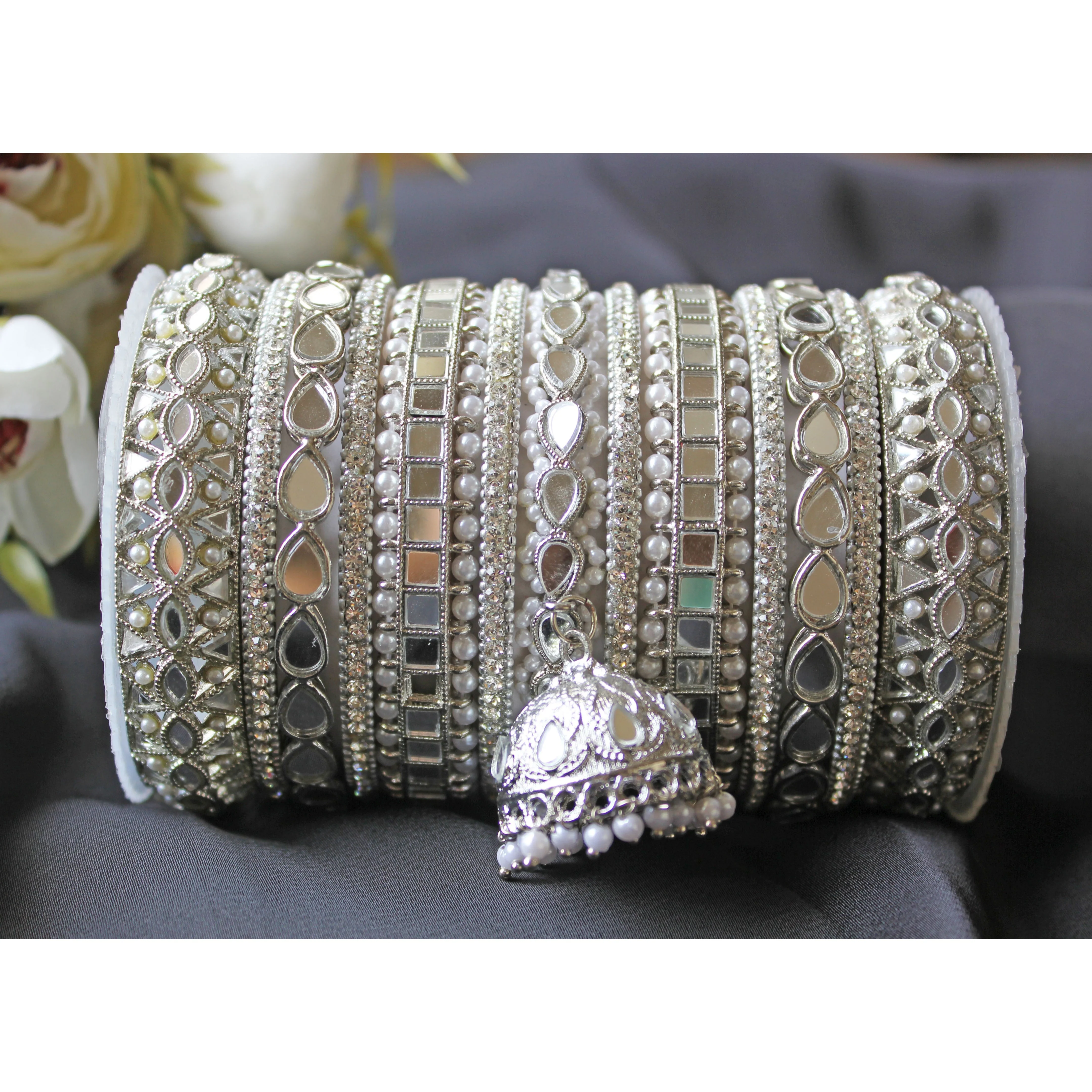 Traditional Mirror Bangle Set with Jhumki by Leshya - Image 3