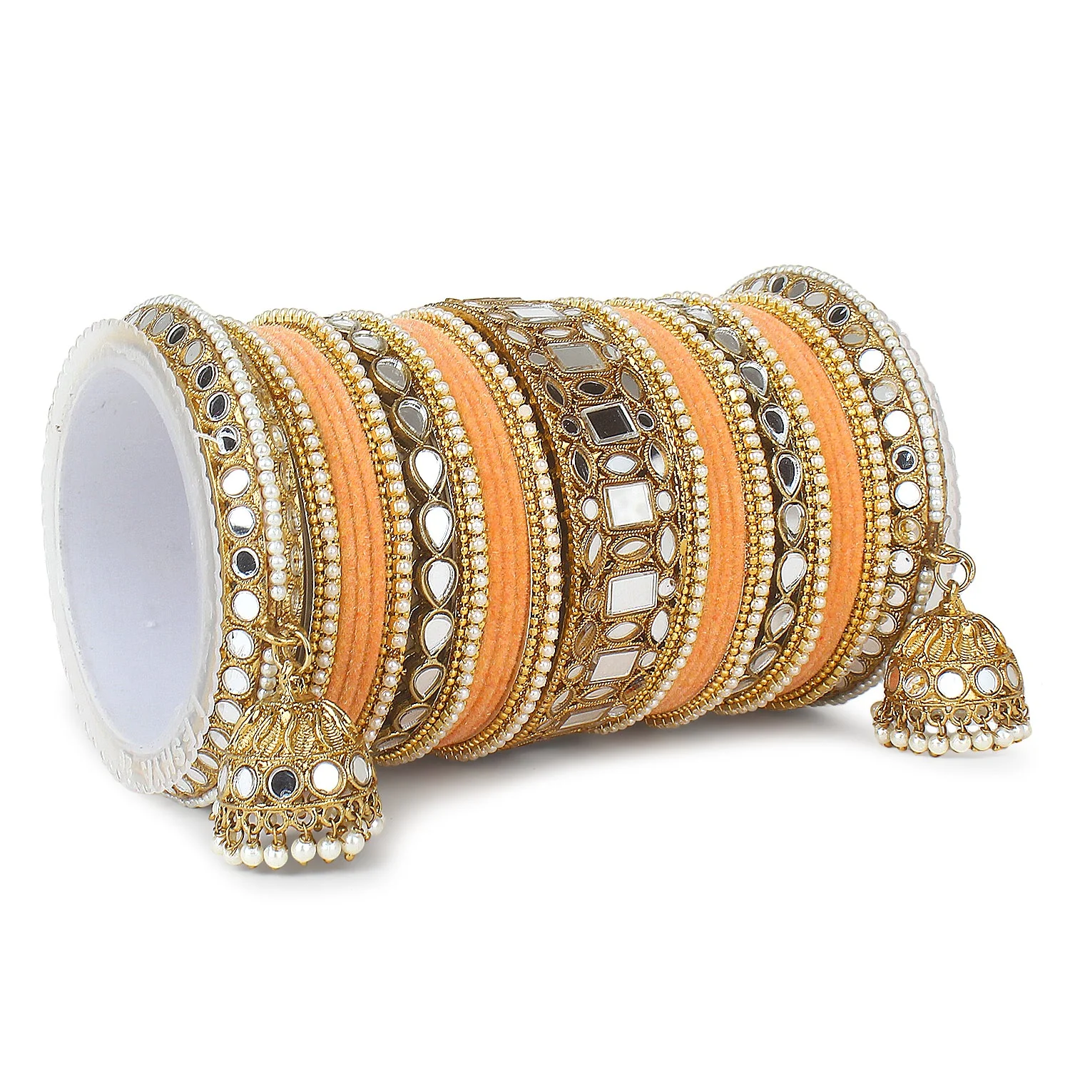 Traditional Mirror Bangle Set with Velvet Bangles with Jhumki by Leshya - Image 18
