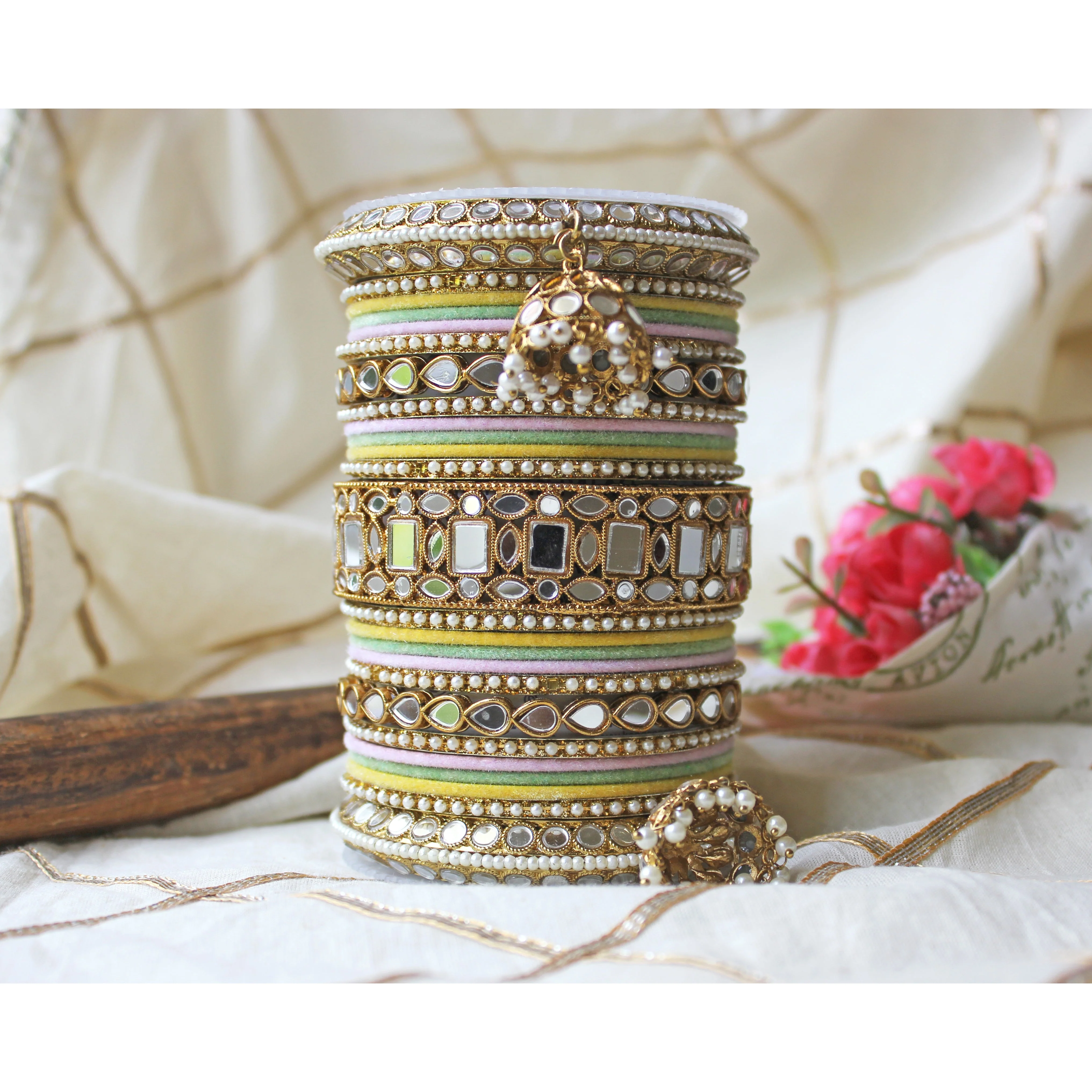 Traditional Mirror Bangle Set with Velvet Bangles with Jhumki by Leshya - Image 5