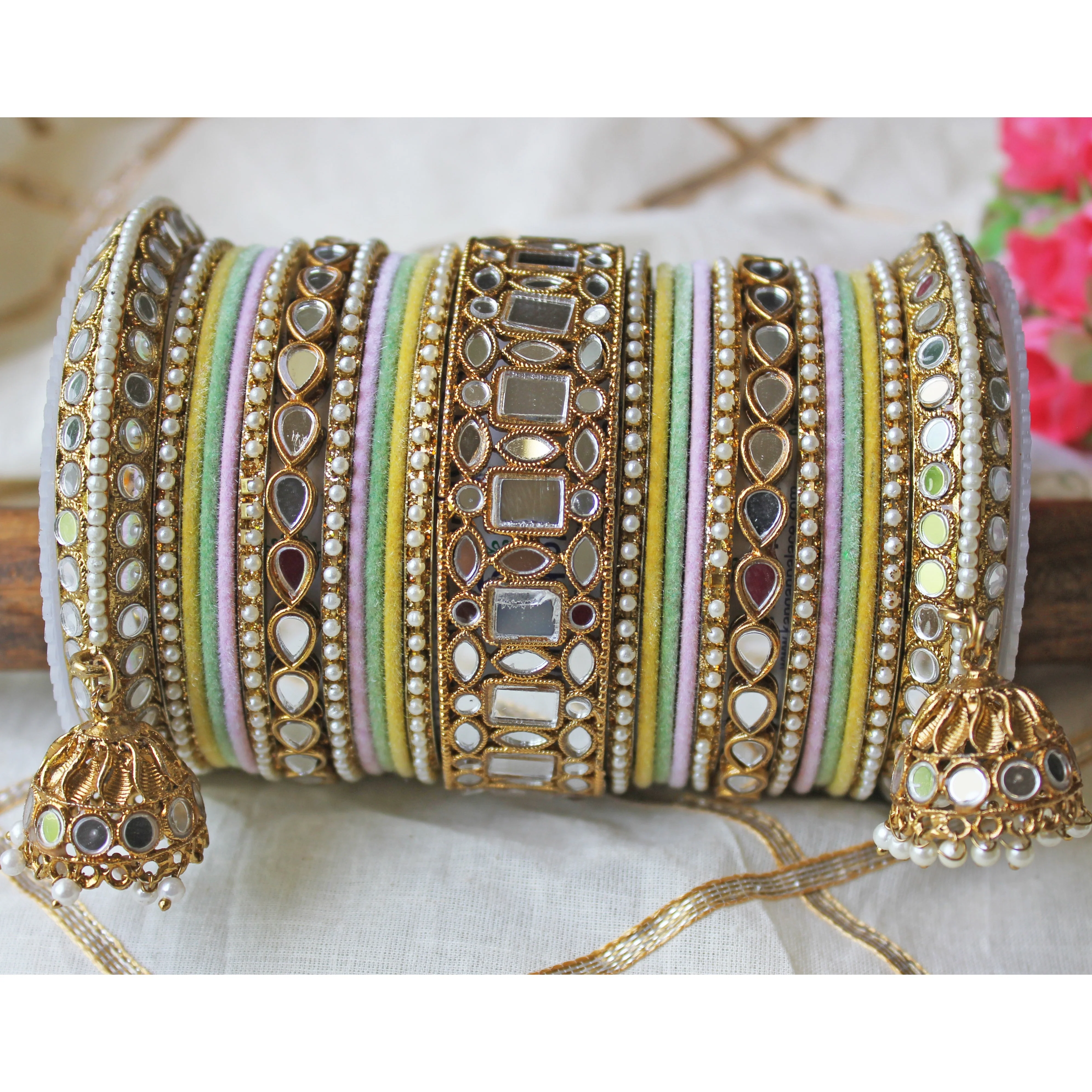 Traditional Mirror Bangle Set with Velvet Bangles with Jhumki by Leshya - Image 6