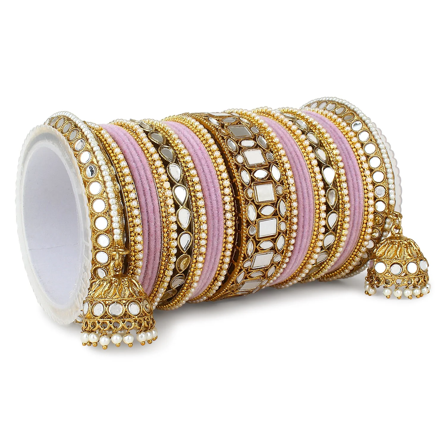 Traditional Mirror Bangle Set with Velvet Bangles with Jhumki by Leshya - Image 14