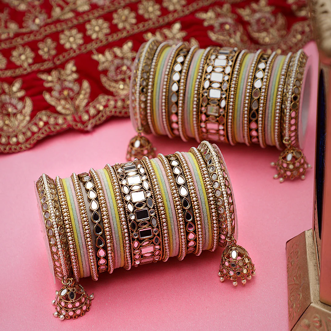 Traditional Mirror Bangle Set with Velvet Bangles with Jhumki by Leshya - Image 3