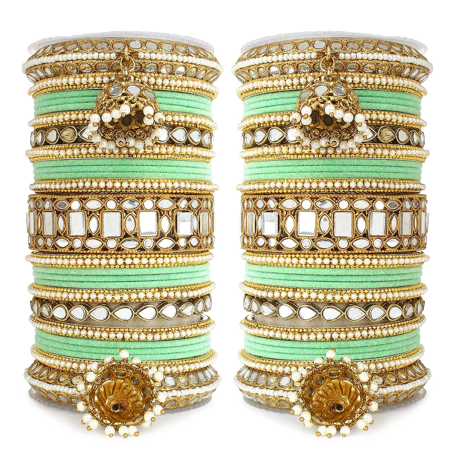 Traditional Mirror Bangle Set with Velvet Bangles with Jhumki by Leshya - Image 9