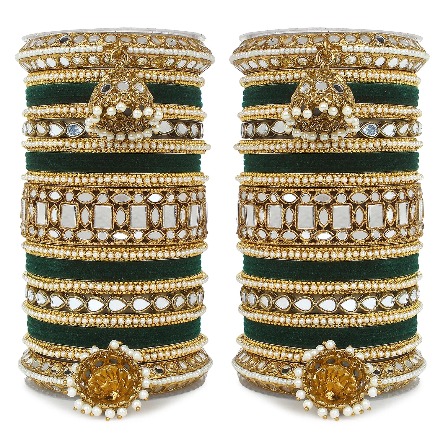Traditional Mirror Bangle Set with Velvet Bangles with Jhumki by Leshya - Image 11