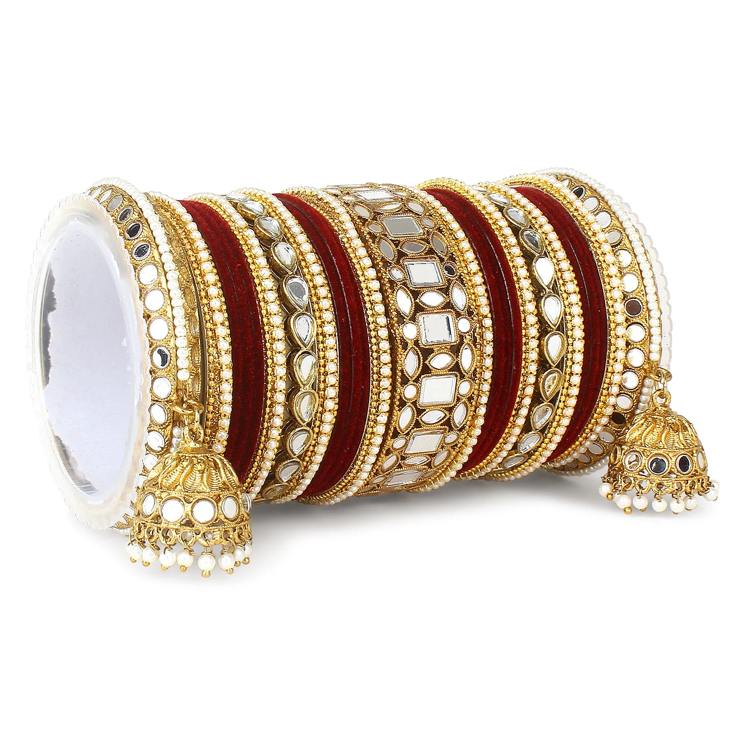 Traditional Mirror Bangle Set with Velvet Bangles with Jhumki by Leshya - Image 4