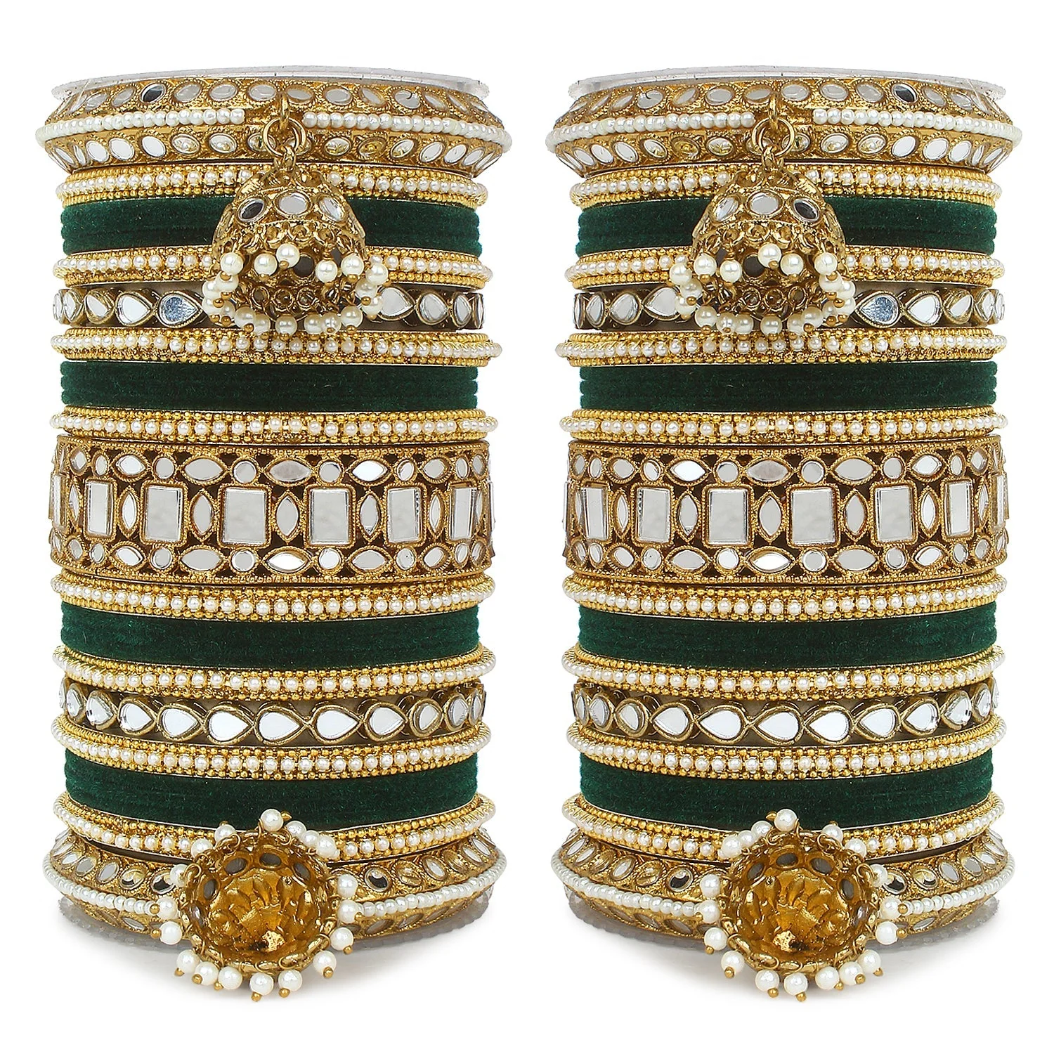 Traditional Mirror Bangle Set with Velvet Bangles with Jhumki by Leshya - Image 11