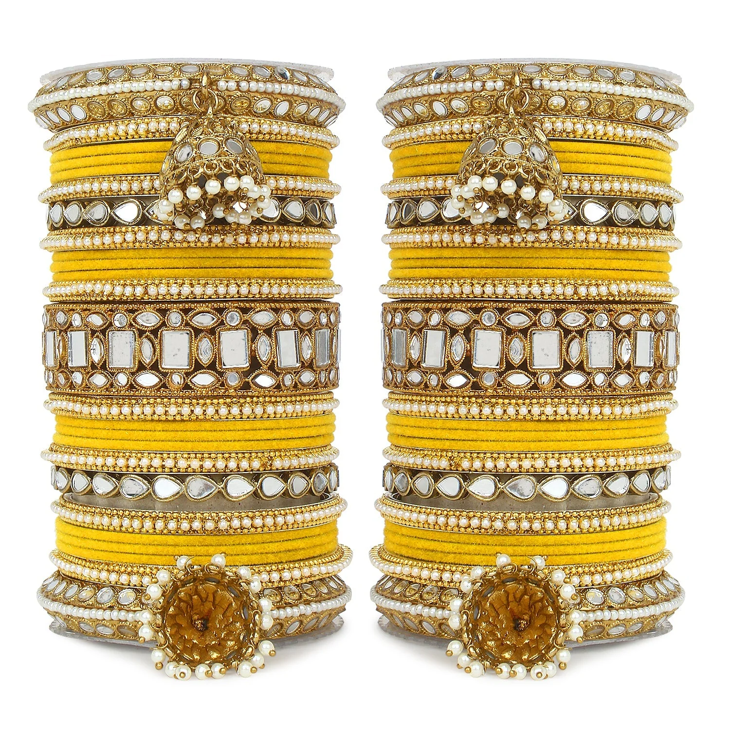 Traditional Mirror Bangle Set with Velvet Bangles with Jhumki by Leshya - Image 13