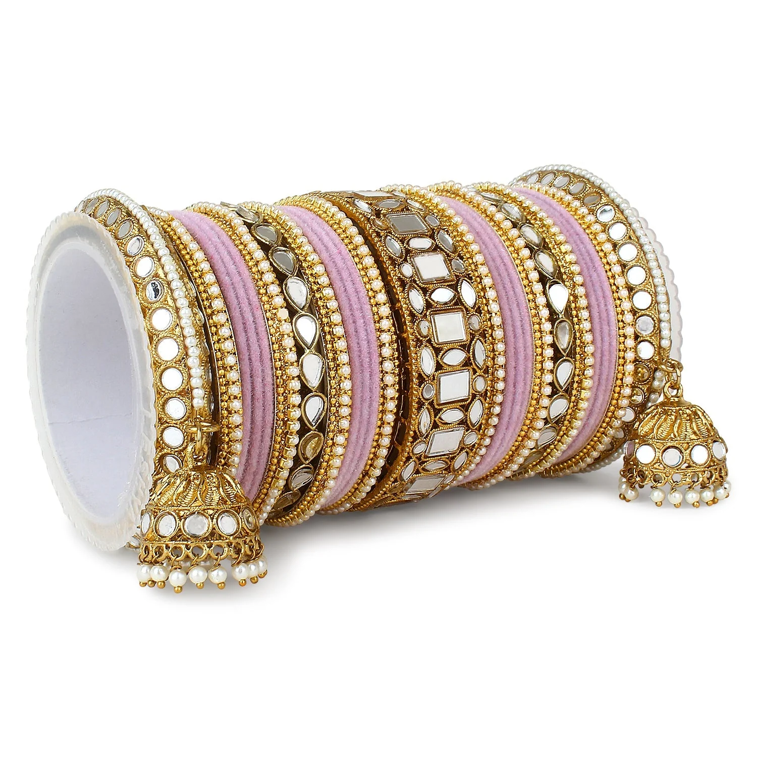 Traditional Mirror Bangle Set with Velvet Bangles with Jhumki by Leshya - Image 16