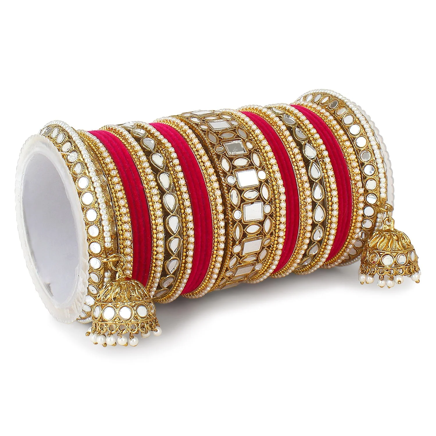 Traditional Mirror Bangle Set with Velvet Bangles with Jhumki by Leshya - Image 4