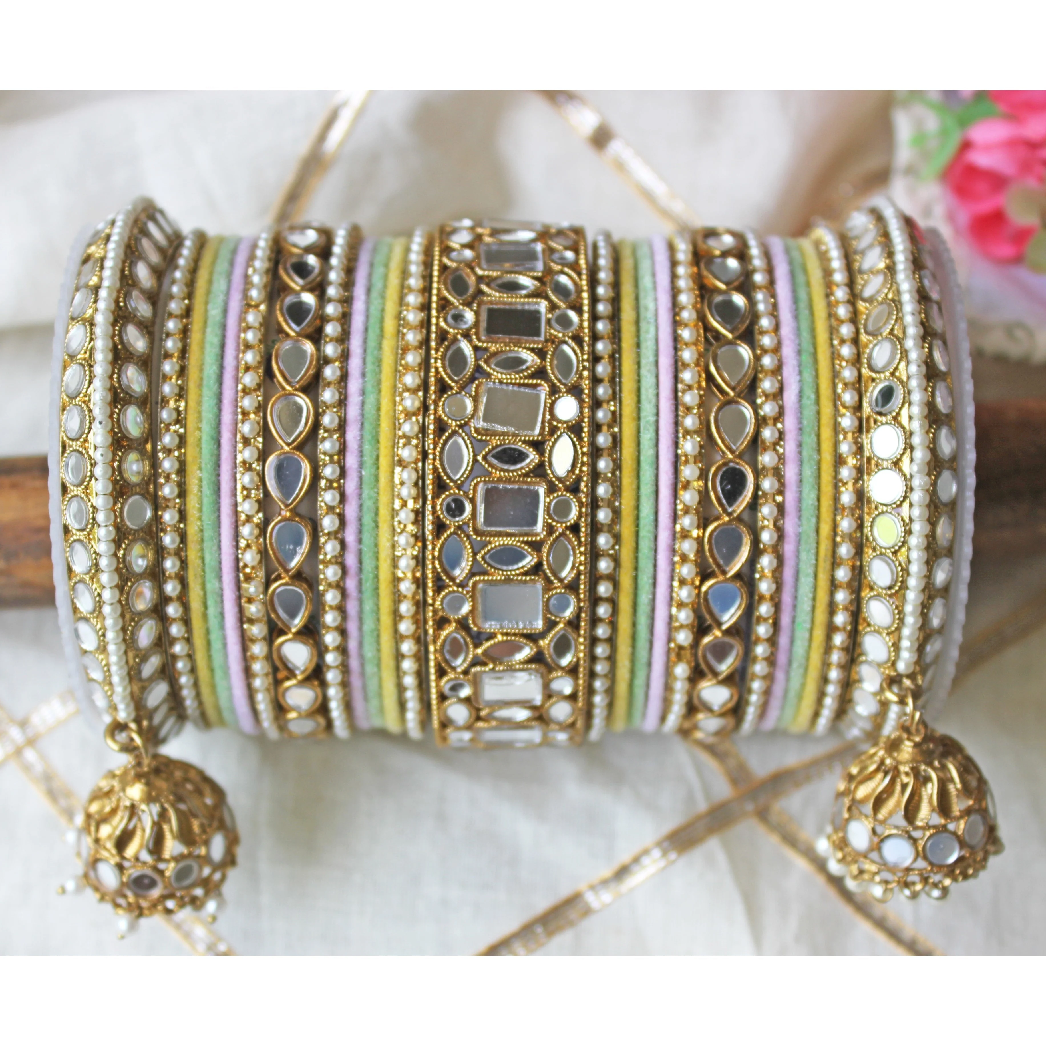 Traditional Mirror Bangle Set with Velvet Bangles with Jhumki by Leshya - Image 6