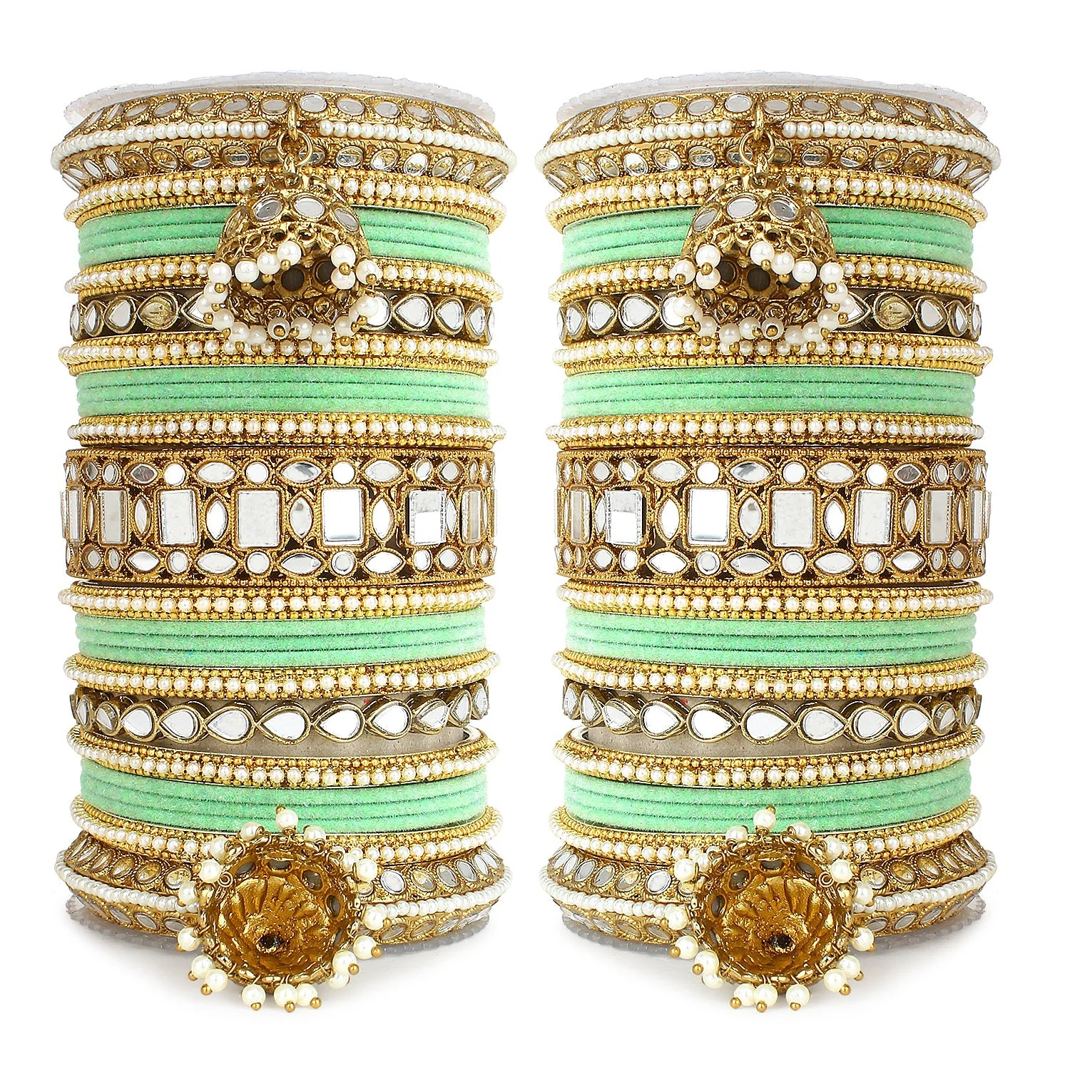 Traditional Mirror Bangle Set with Velvet Bangles with Jhumki by Leshya - Image 9