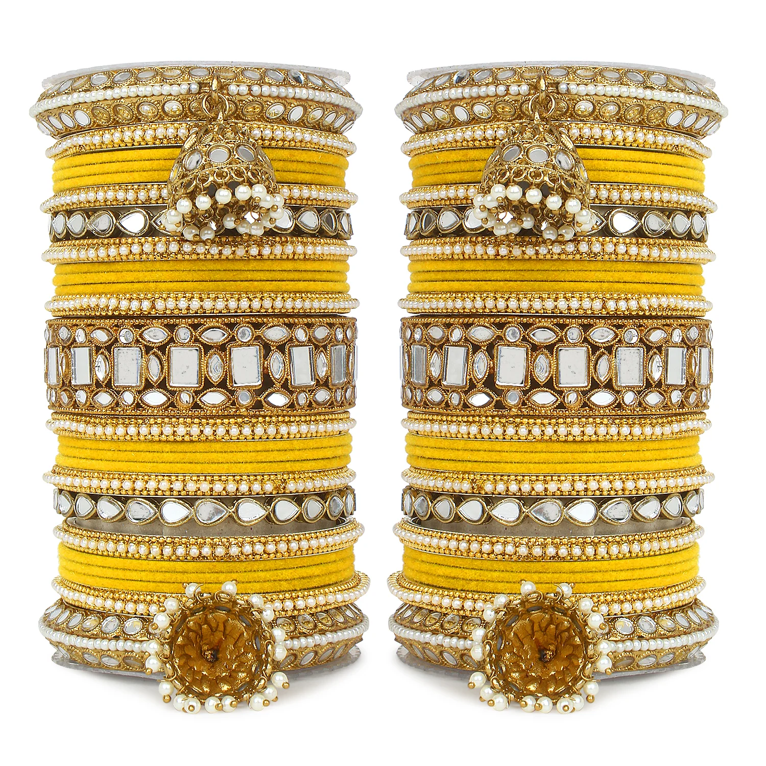 Traditional Mirror Bangle Set with Velvet Bangles with Jhumki by Leshya - Image 13