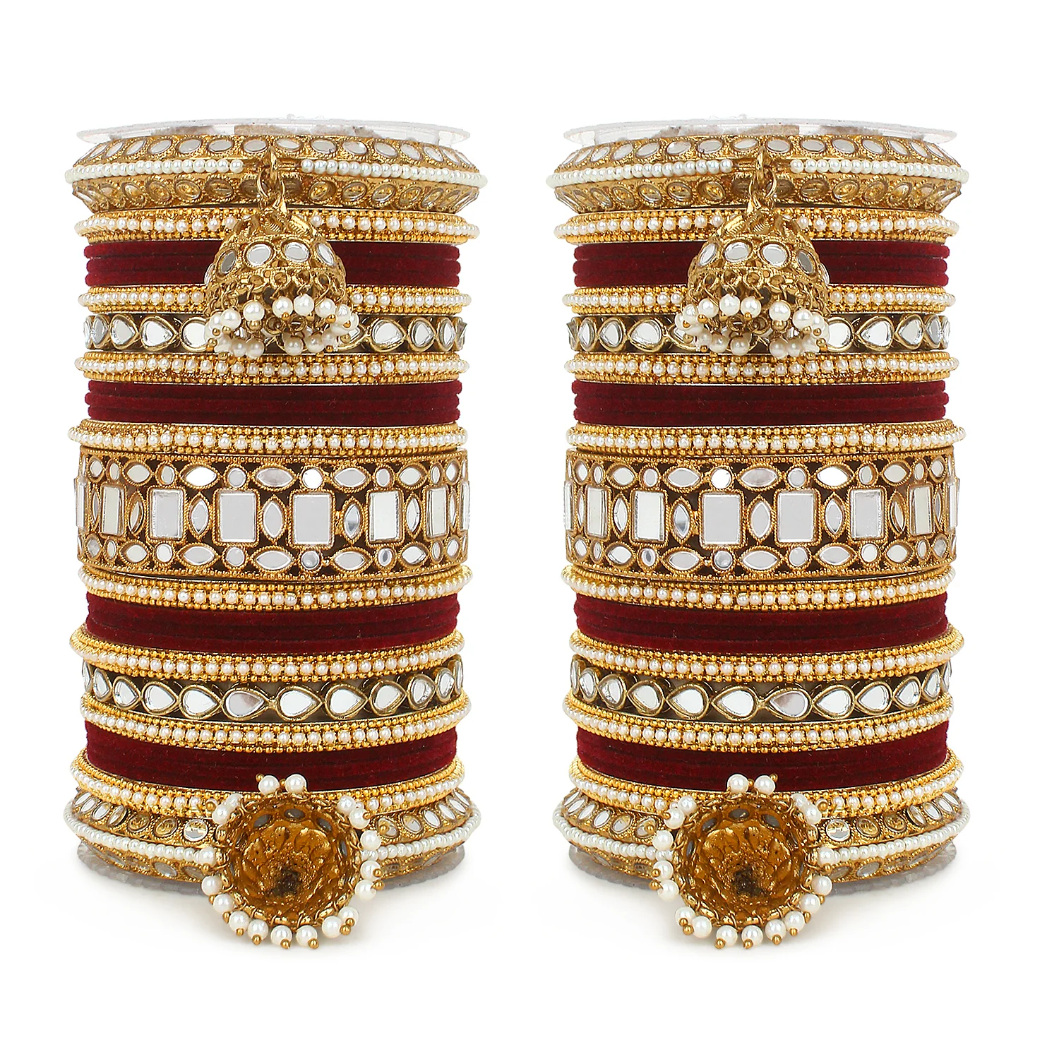 Traditional Mirror Bangle Set with Velvet Bangles with Jhumki by Leshya - Image 17