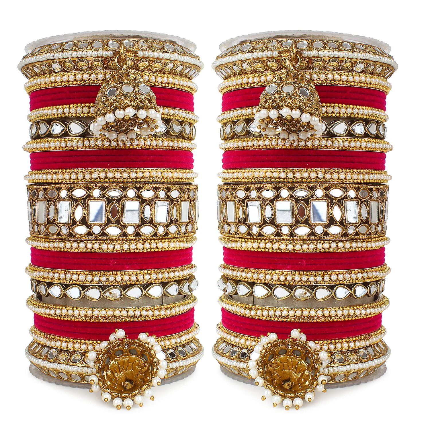 Traditional Mirror Bangle Set with Velvet Bangles with Jhumki by Leshya - Image 7
