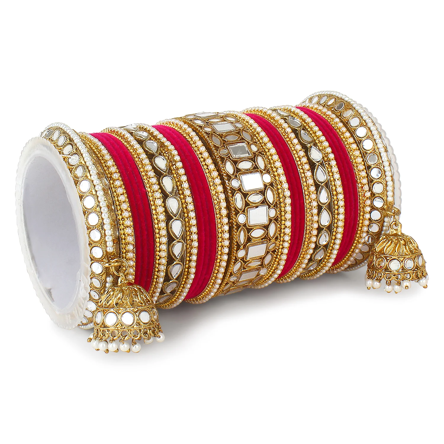 Traditional Mirror Bangle Set with Velvet Bangles with Jhumki by Leshya - Image 8