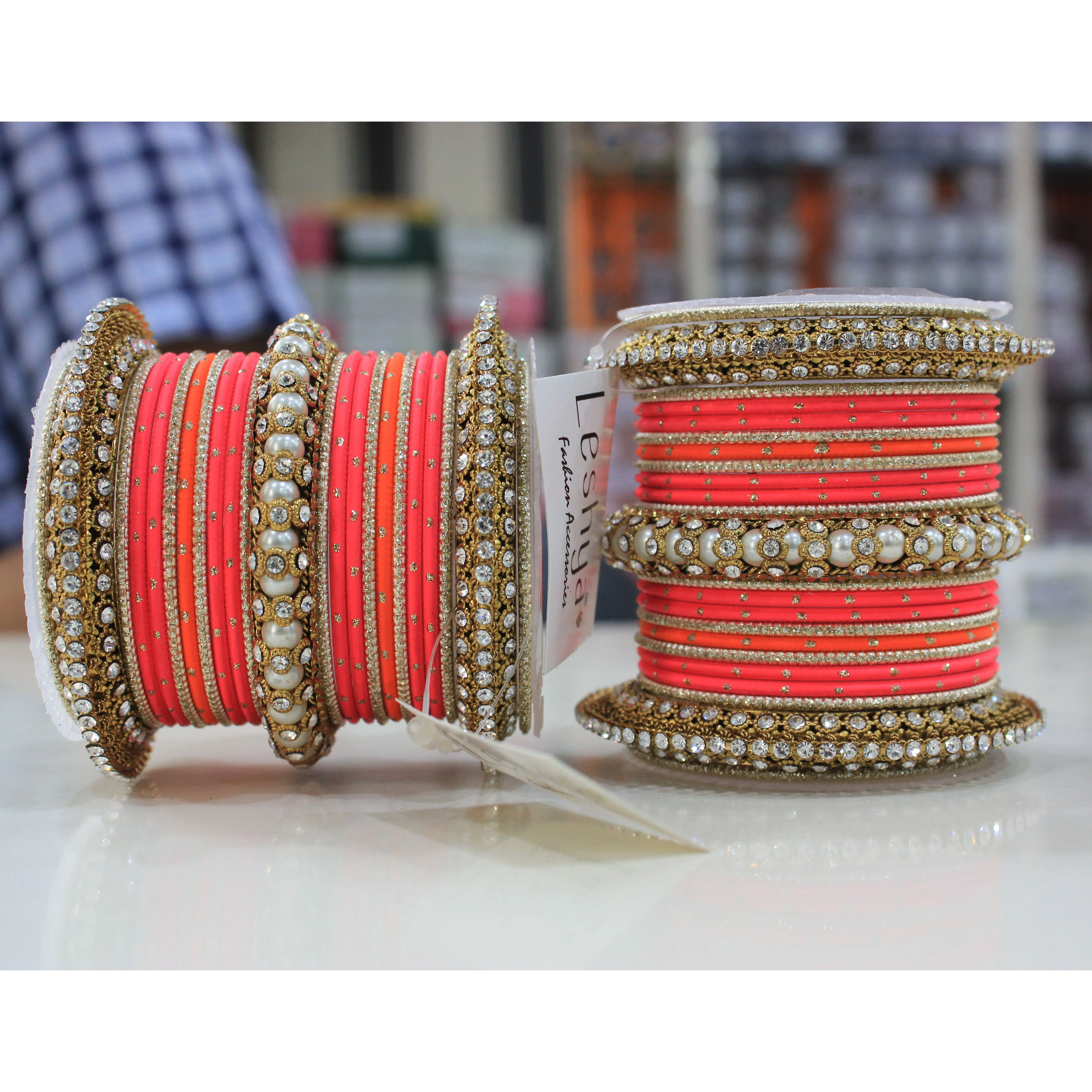 Set of 2 Traditional Multi-Colored Pearl Chakri Bangle Set - Image 11