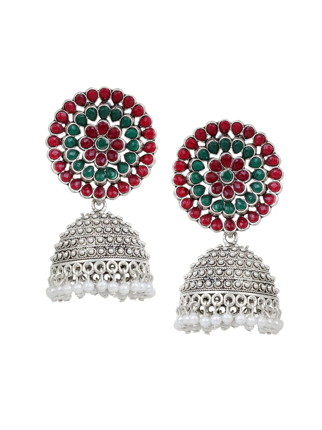 Traditional Oxidized Red-Green Jhumki Earring by Leshya - Image 2