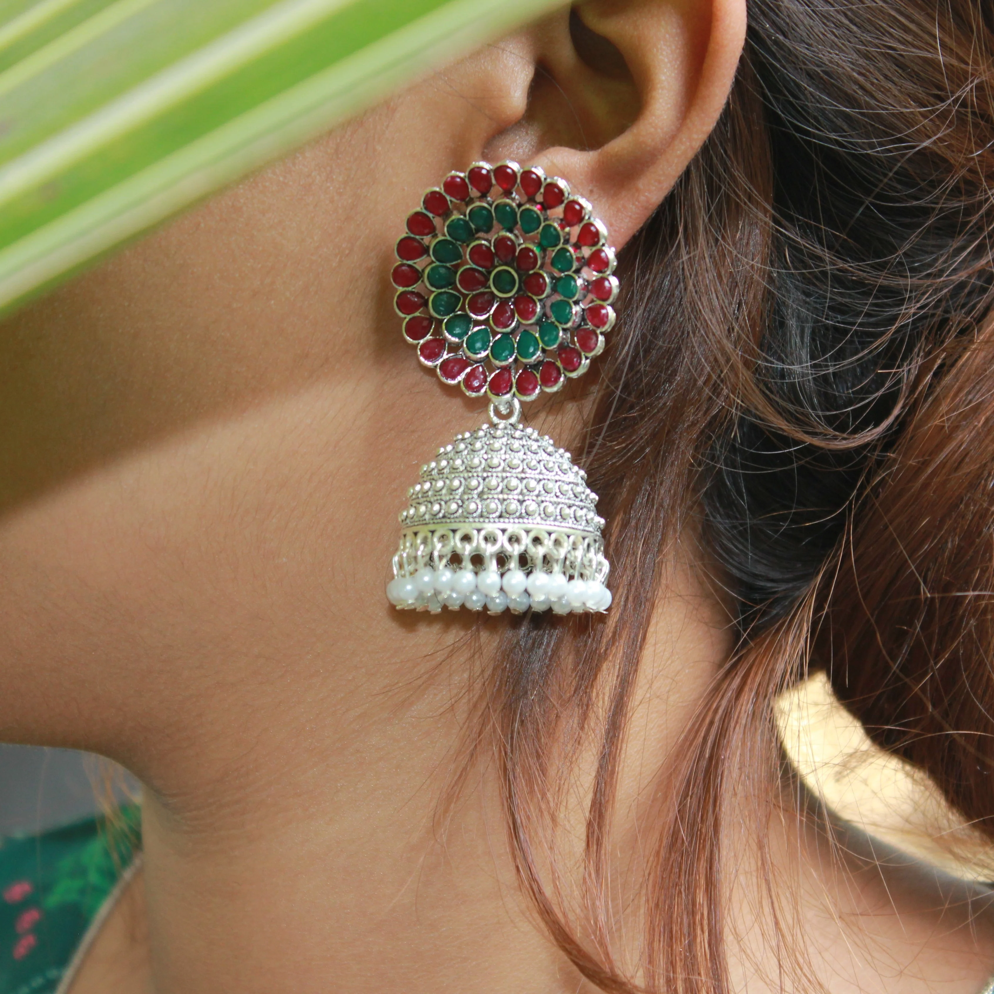 Traditional Oxidized Red-Green Jhumki Earring by Leshya - Image 4