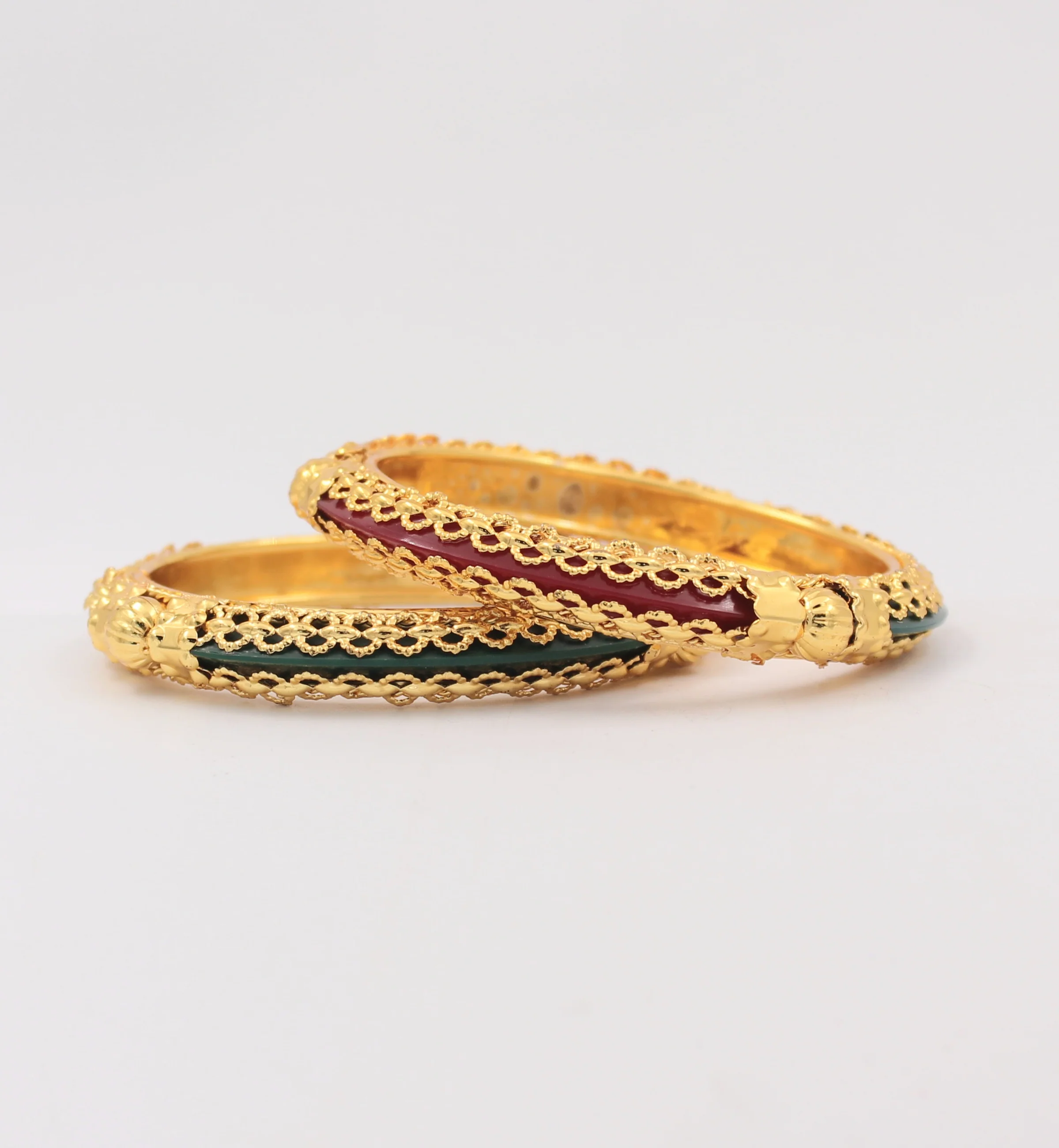 Traditional Red-Green Kada Pair with Intricate Jaaliwork Border for Women by Leshya - Image 4
