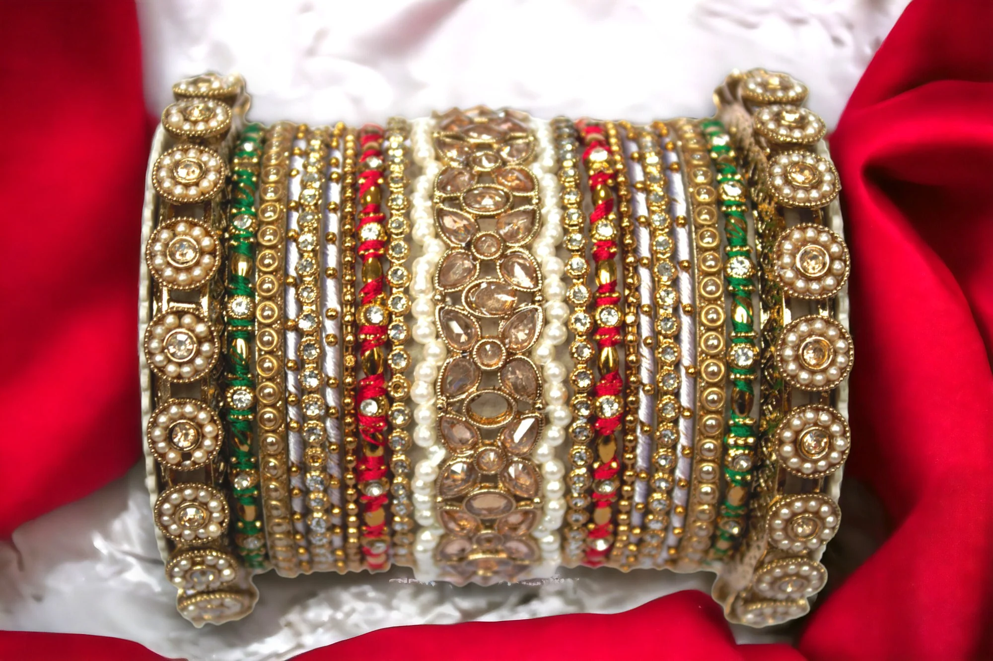 Traditional Red-Green Style Bangle set for two hands by Leshya - Image 5