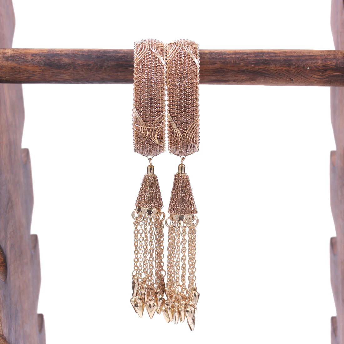 Traditional Rose Gold Stone Studded Jhumki with Jaali work by Leshya - Image 3