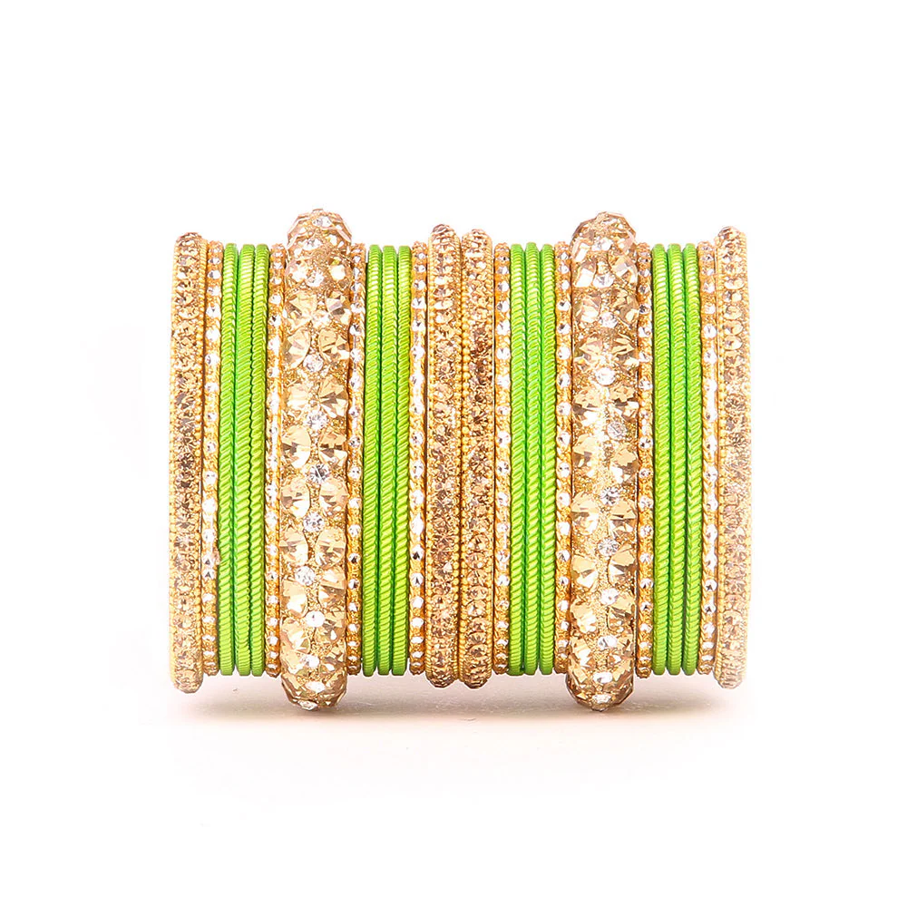 Traditional Shining Bangle Set For Women With Lac And Golden Stone - Image 11