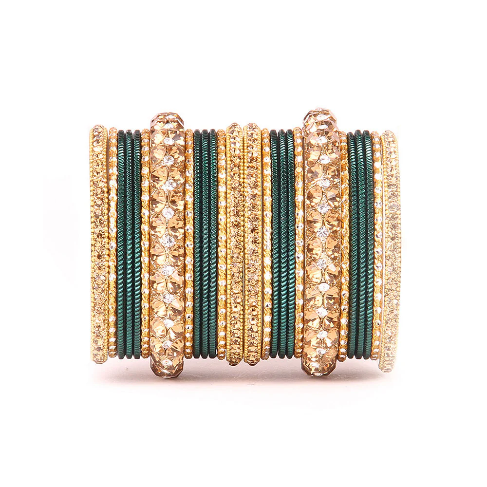 Traditional Shining Bangle Set For Women With Lac And Golden Stone - Image 3