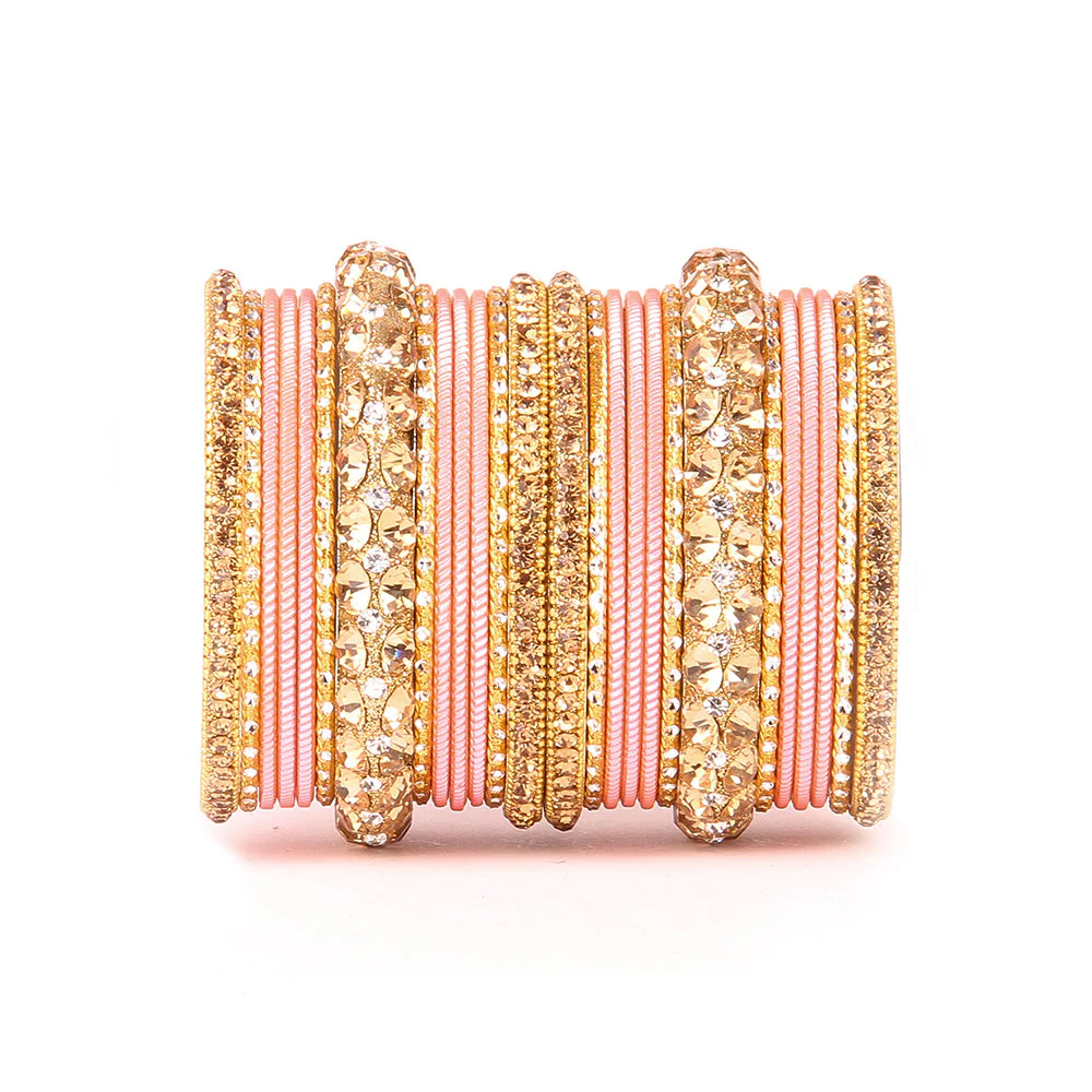 Traditional Shining Bangle Set For Women With Lac And Golden Stone - Image 12