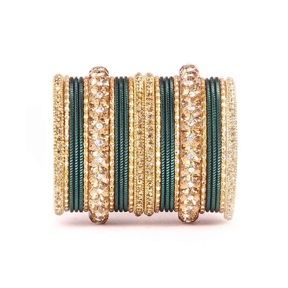 Traditional Shining Bangle Set For Women With Lac And Golden Stone - Image 7