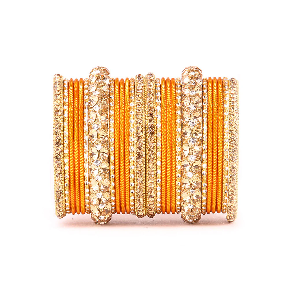 Traditional Shining Bangle Set For Women With Lac And Golden Stone - Image 5