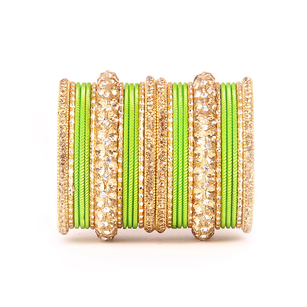 Traditional Shining Bangle Set For Women With Lac And Golden Stone - Image 11