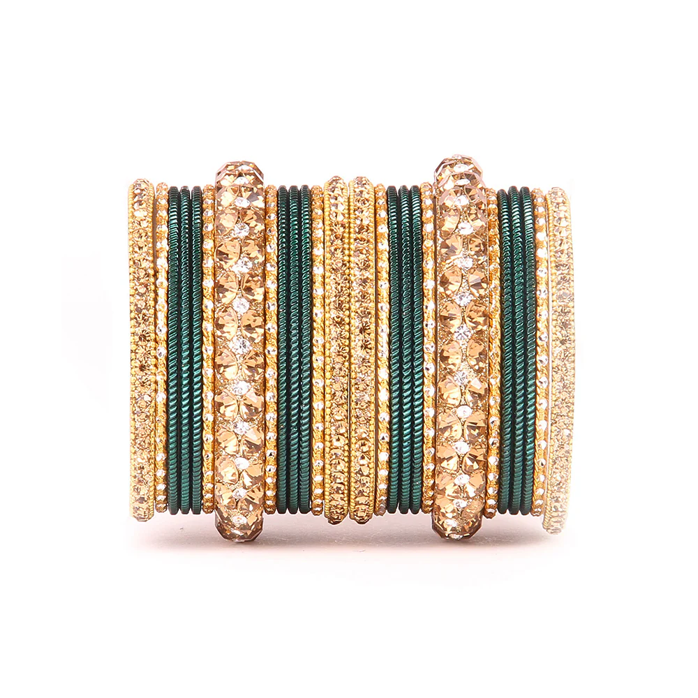 Traditional Shining Bangle Set For Women With Lac And Golden Stone - Image 5