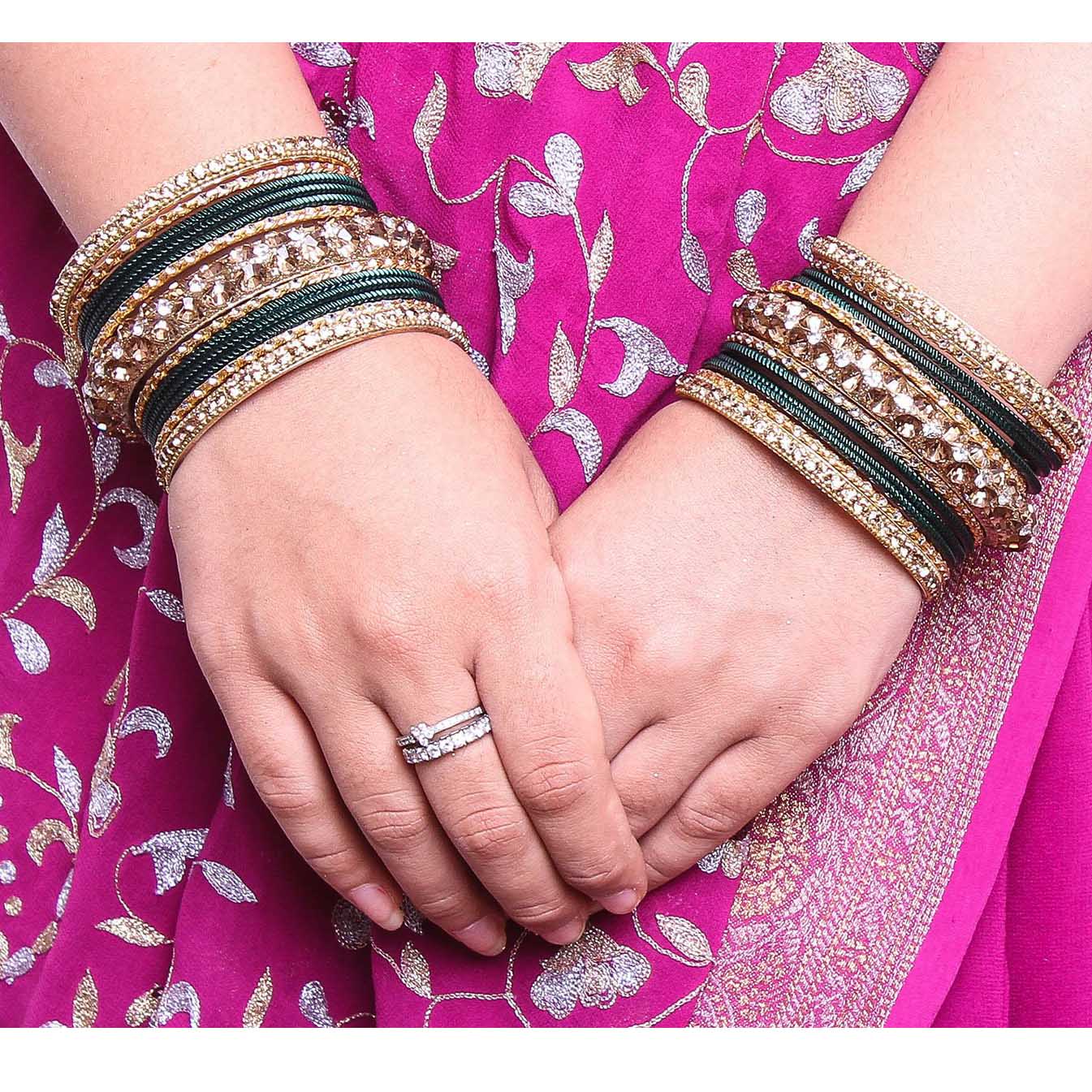 Traditional Shining Bangle Set For Women With Lac And Golden Stone - Image 6