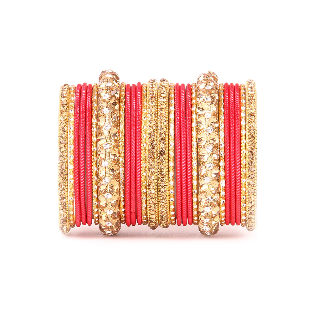 Traditional Shining Bangle Set For Women With Lac And Golden Stone - Image 7