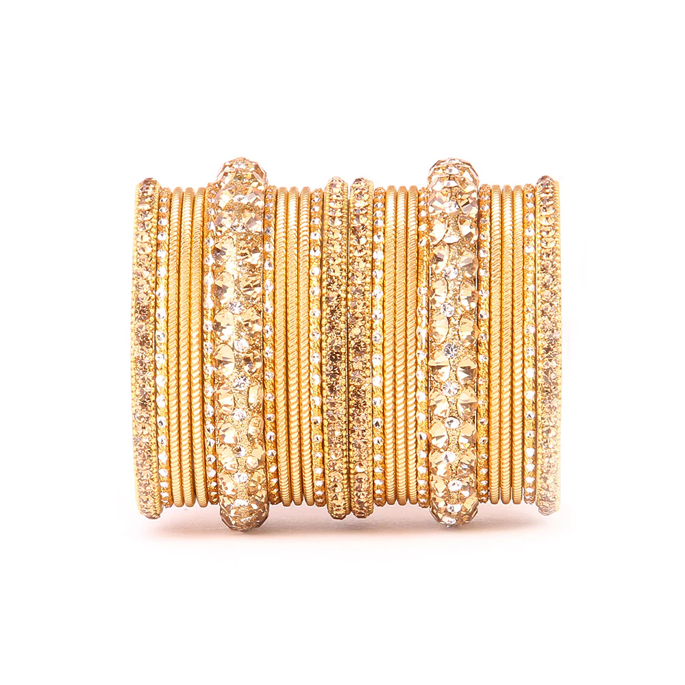 Traditional Shining Bangle Set For Women With Lac And Golden Stone - Image 9