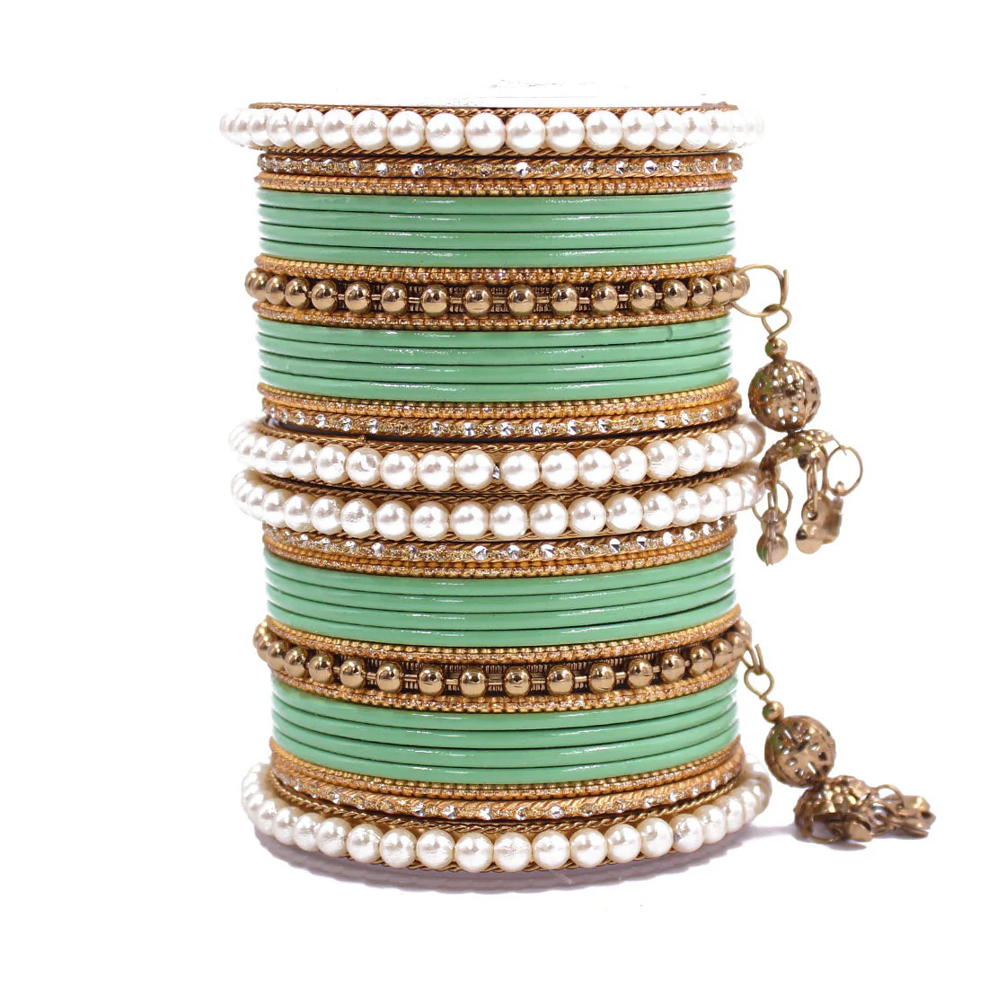 Traditional Solid Coloured Bangle Set with Pearl and Jhumki by Leshya - Image 11