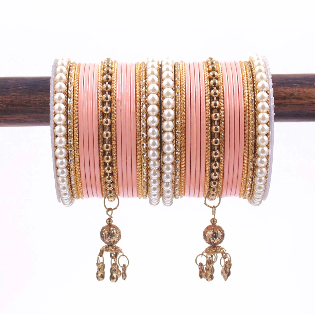 Traditional Solid Coloured Bangle Set with Pearl and Jhumki by Leshya - Image 12