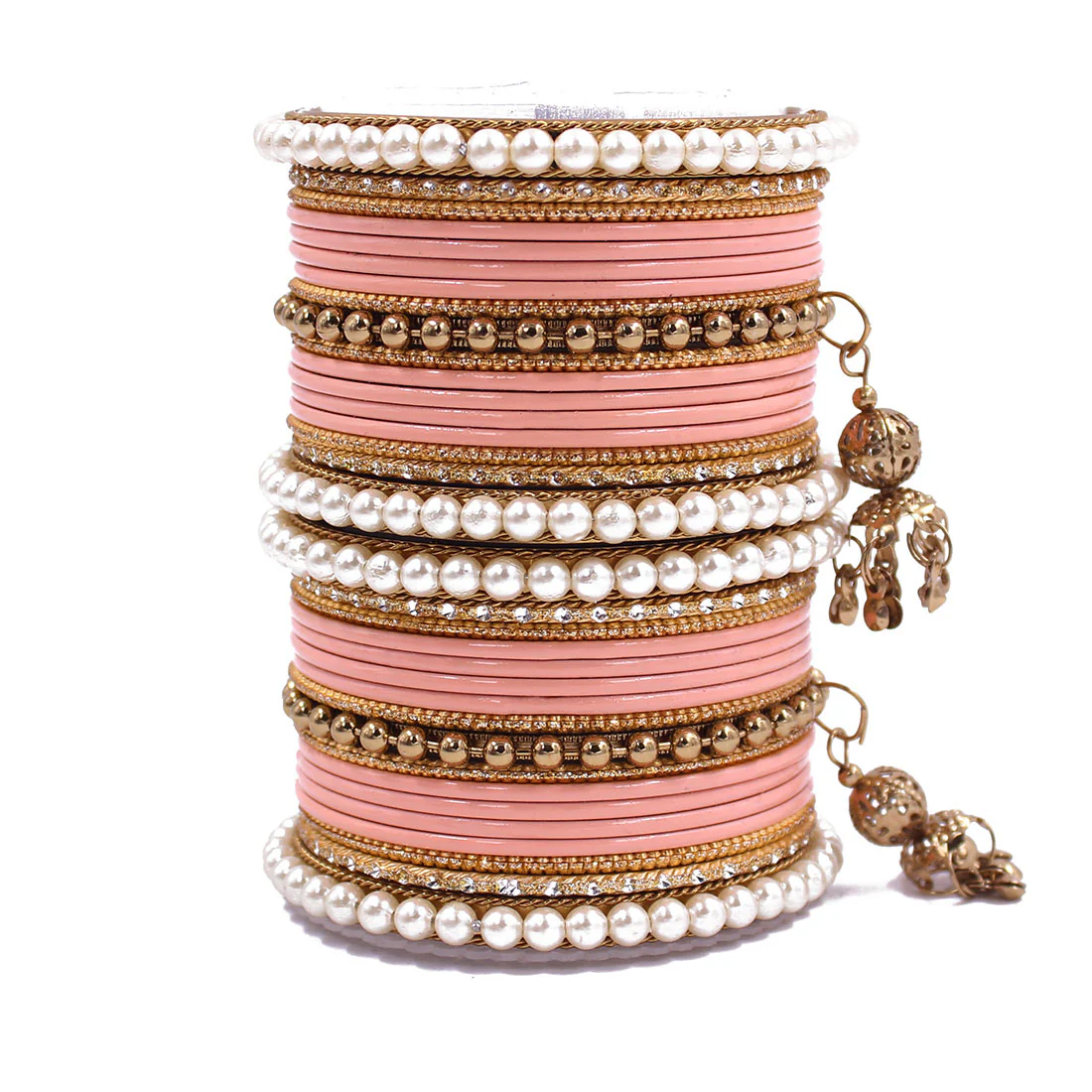 Traditional Solid Coloured Bangle Set with Pearl and Jhumki by Leshya - Image 13
