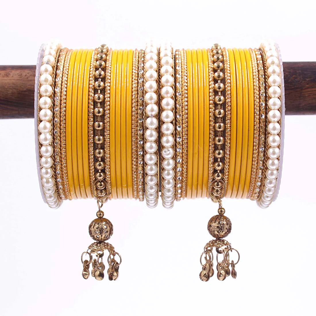Traditional Solid Coloured Bangle Set with Pearl and Jhumki by Leshya - Image 14