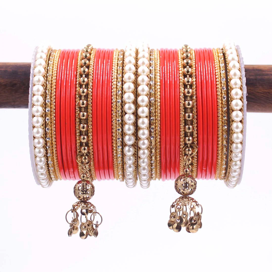 Traditional Solid Coloured Bangle Set with Pearl and Jhumki by Leshya - Image 18