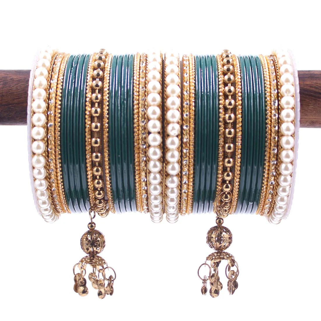 Traditional Solid Coloured Bangle Set with Pearl and Jhumki by Leshya - Image 3