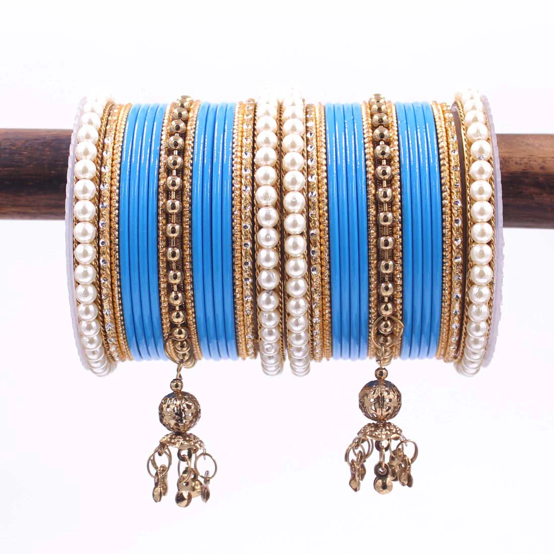 Traditional Solid Coloured Bangle Set with Pearl and Jhumki by Leshya - Image 24