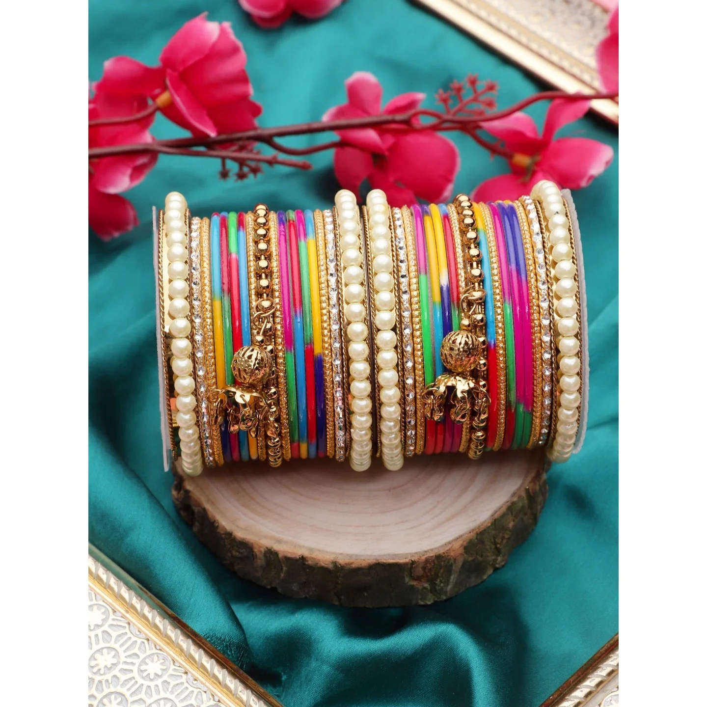 Traditional Solid Coloured Bangle Set with Pearl and Jhumki by Leshya - Image 3
